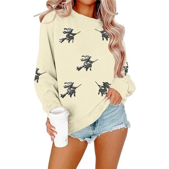 Halloween Sweatshirt – Ghost & Sequin Witch Graphic Crewneck Pullover - Picture 4 of 4
